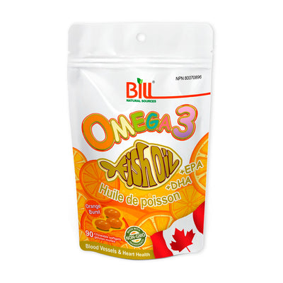 BILL Natural Sources® Orange Burst Omega-3 Fish Oil 90 Chewable Softgels in Aluminum Foil Bag