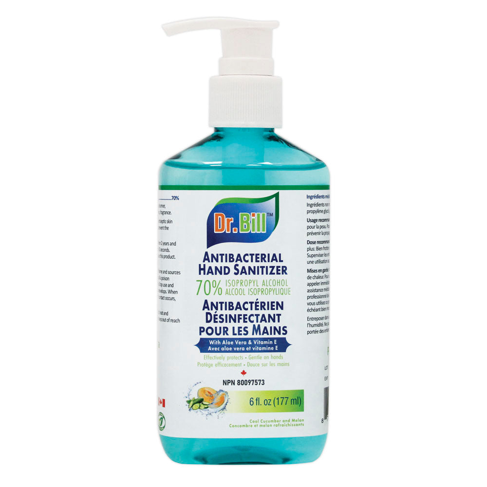 Dr. BILL Antibacterial Hand Sanitizer Gel 6oz (Cool Cucumber and Melon Flavour)